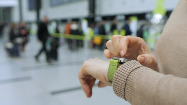 Person checks smartwatch in busy airport terminal. Hands adjust device on wrist. Background shows travelers walking through security checkpoint. Blurred crowd and signs indicate travel environment