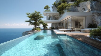 Fototapeta premium Modern cliffside luxury residence with infinity pool and panoramic ocean view. Features glass walls and open-air decks