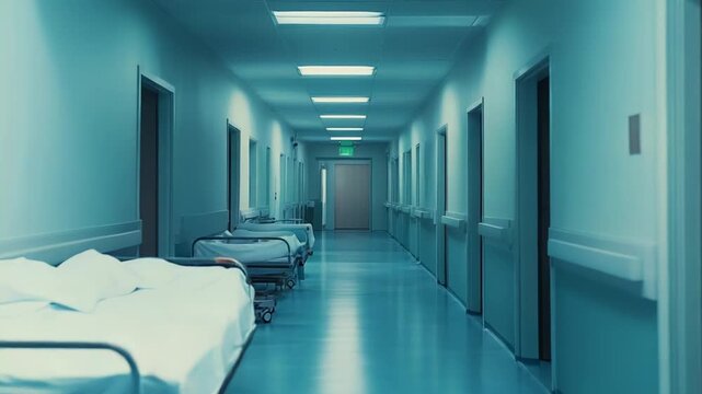 Hospital corridor with sterile lighting and multiple gurneys lining the walls, creating an empty and unsettling atmosphere within a healthcare facility