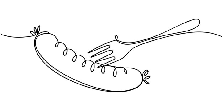 Minimalist one-line drawing of hot dog on fork with steam. None editable stroke, Continuous one line of bake grill sausages on a fork bbq menu with sauce in silhouette on a white background. Linear