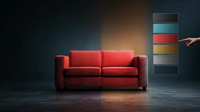 Woman chooses sofa color from digital palette menu. Interactive interior design software visualizing furniture fabric customization and lighting in modern office space.
