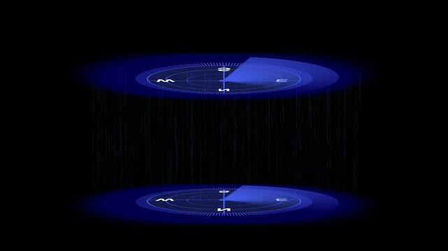 Blue digital compasses on dark animated background. Blue digital compass for navigation and way finding. Blue digital compass animation for technology display.