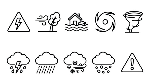 Natural disaster and weather warning icon set in thin line style.