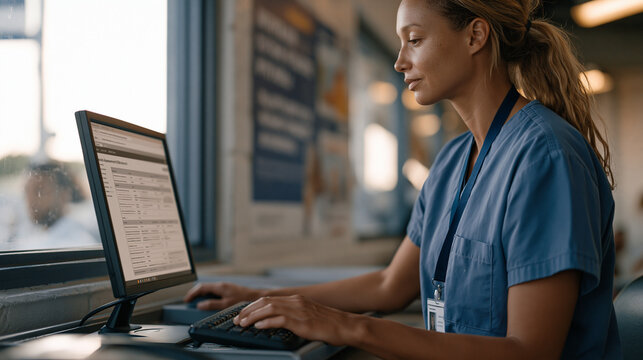 Young female correctional counselor pulling up parole risk assessment dashboard on institutional workstation, intake waiting area visible through observation window, motivational rehabilitation post