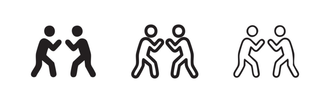 Sparring partners and fighting human figures icon set representing combat sports