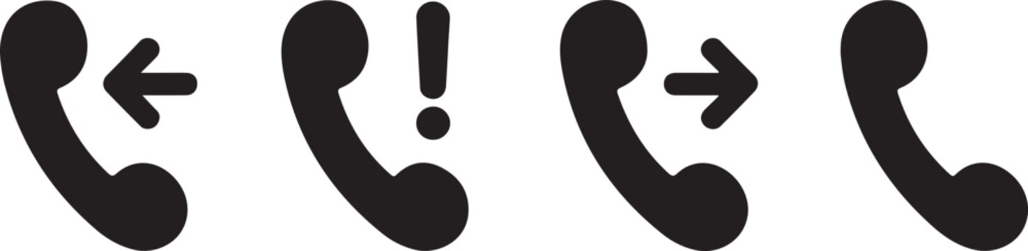 Set of minimalist telephone receiver icons showing incoming outgoing missed and alert call status symbols