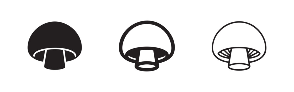 Button Mushroom Icon Set - Agaricus Bisporus Symbols in Solid, Outline, and Line Art Styles