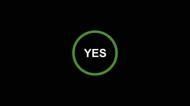 Green circle with yes text and segmented ring. Green circle for positive confirmation and agreement. Green circle animation for successful choice or vote.