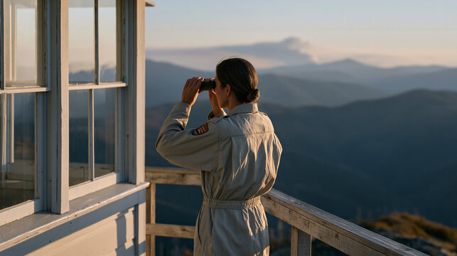 Solitary environmental ranger standing on a fire lookout tower platform, binoculars raised toward a smoke plume on the distant ridge, summer wildfire prevention and forest protection theme for gover