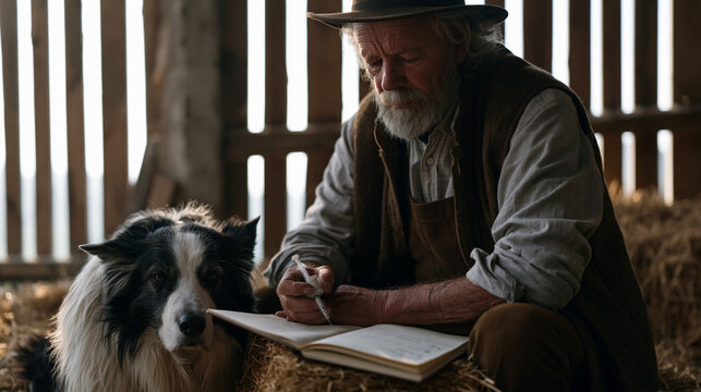 Retired farmer in rural barn kneeling beside arthritic border collie at dawn, carefully drawing measured insulin dose from vial into syringe while morning mist filters through wooden slat walls, glu