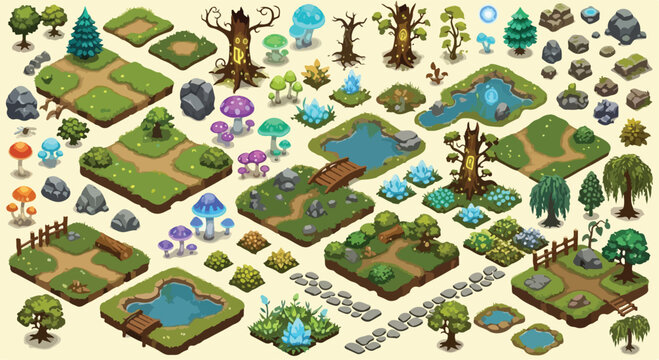 Isometric fantasy game map constructor kit, 2D game assets with forest tiles and magic mushrooms, colorful nature environment elements for RPG world building
