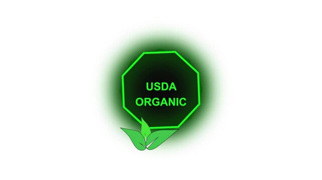 Organic green octagon seal for natural food certification. Organic symbol with leaves for eco friendly products. Organic animation for sustainable farming label.