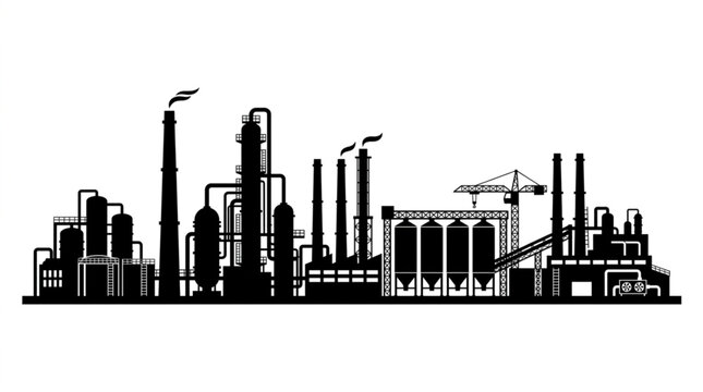Industrial factory silhouette with smokestacks and complex machinery.