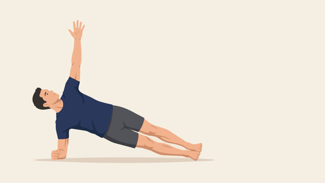 Athletic man performing side plank exercise, healthy fitness workout vector illustration with core strength training, body balance and stability pose on neutral background template.