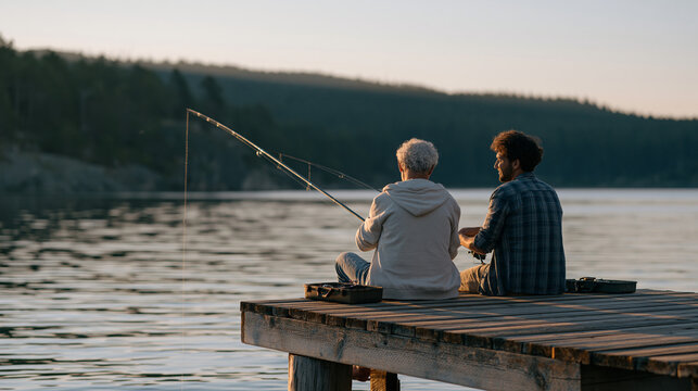 Father and adult son fishing from a weathered wooden dock at sunrise on a glassy lake, tackle boxes open beside them, the older man demonstrating knot-tying technique in a quiet candid unposed momen