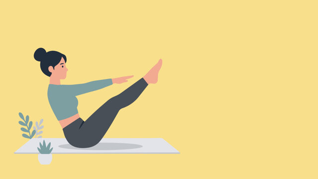 Young woman practicing boat yoga pose on exercise mat in flat vector style, healthy lifestyle fitness training, balance workout, mindfulness and wellness activity illustration.