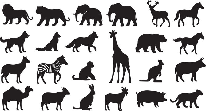 Black animal silhouettes collection, 24 wild and domestic animal vector icons, minimalist zoo and safari wildlife shapes for logos and educational design