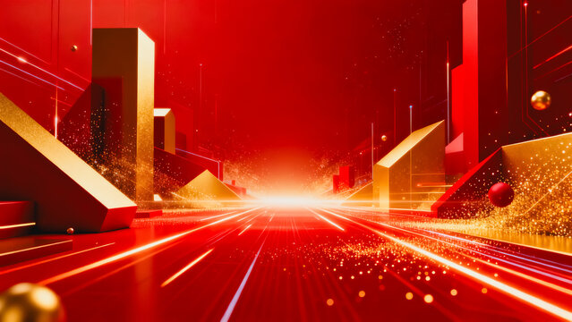 This 3D rendered abstract background features a glowing red and gold tech roadway scene with geometric structures, light trails and sparkling particles for a luxurious futuristic atmosphere.