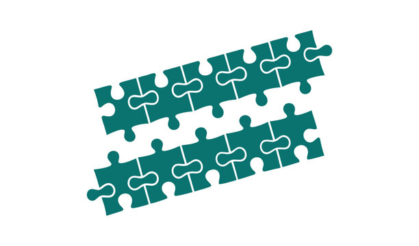 Two rows of connected green puzzle pieces on white background, symbolizing unity and cooperation in a creative solution.
