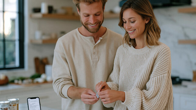 Couple dynamic unfolds as a husband guides his wife through attaching a continuous glucose remote monitoring sensor in a modern kitchen, a connected health application confirming real-time interstit
