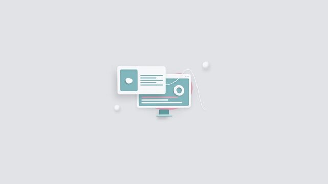 Flat lay of a computer monitor with a teal and white interface on a light gray background.