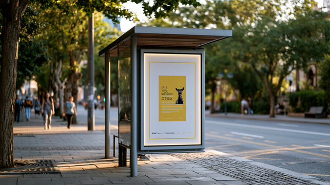 Bus stop advertising shelter on a tree-lined urban boulevard, oversized poster inside the backlit panel showing a bold seasonal campaign, pedestrians blurred past in warm afternoon haze, outdoor adv