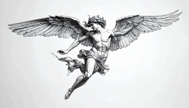 Illustration of a flying angel with large wings.