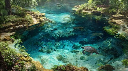 Obraz premium Crystal clear, turquoise waters in a natural pool teeming with turtles, surrounded by lush vegetation and rocky banks