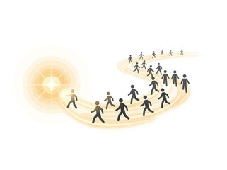Fototapeta premium A group of stylized figures following a path towards a bright, glowing star, symbolizing leadership, guidance, and aspiration