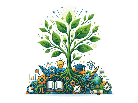 A vibrant tree of knowledge flourishes, its roots entwined with symbols of learning, science, and innovation, representing the growth and interconnectedness of education