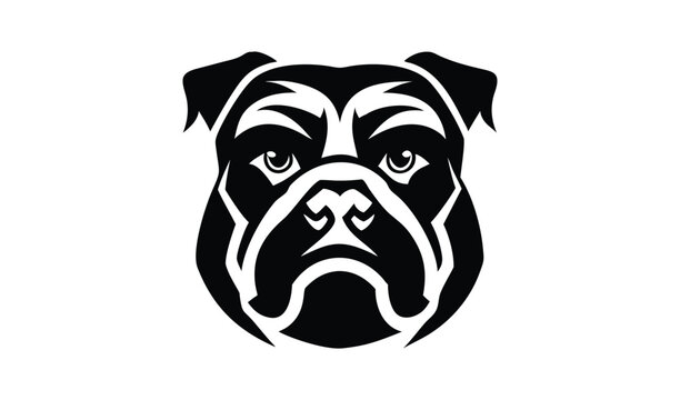 A black and white illustration of a bulldog's face with a serious expression, showcasing its distinctive wrinkles and underbite, set against a plain background.