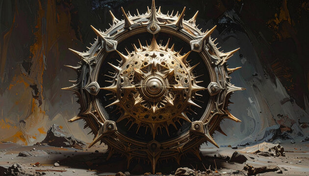 Intricate Metallic Spiked Sphere Floating in Dark Void.