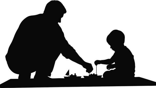 Father and son building blocks together, silhouette illustration for family and parenting conce