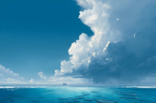 Book cover illustration, 6x9 inch vertical composition, wide open sea under blue sky, dark thunderstorm clouds from horizon, soft dramatic light, contrast between calm and tension, small fishing boat 