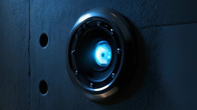 Security camera lens with glowing blue light embedded in a textured, dark wall, symbolizing surveillance, technology, and futuristic concepts in privacy and data protection