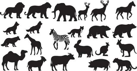 Naklejka premium Wild animal silhouettes collection, 21 black wildlife vector icons, safari and forest fauna set for educational and nature design projects