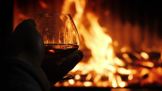 A hand holding a glass of cognac in a cozy atmosphere with a burning fireplace in the background, creating a warm and inviting ambiance with dynamic flames.