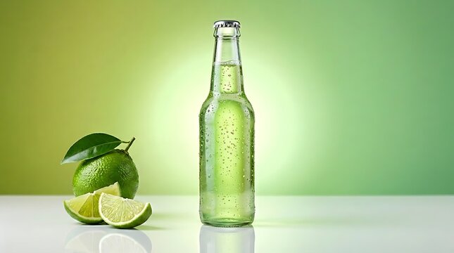 Botol kaca minuman soda jeruk nipis menyajikan embun di sebelah potongan buah melambangkan kesegaran asam manis yang merevitalisasi energi harian