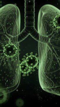 Digital illustration of lungs infected with virus particles showing respiratory infection.