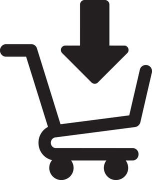 Black silhouette retail store shopping cart trolley with down arrow for adding items online vector illustration