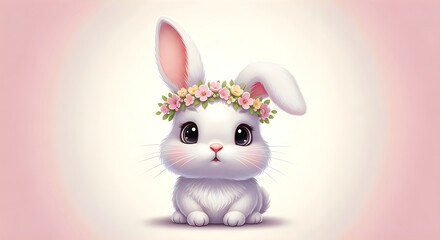 Fototapeta premium Chibi bunny with floral crown digital illustration for easter designs