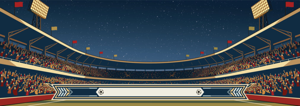 Soccer stadium with full of fans in match day at night wide angle retro style have blank space.