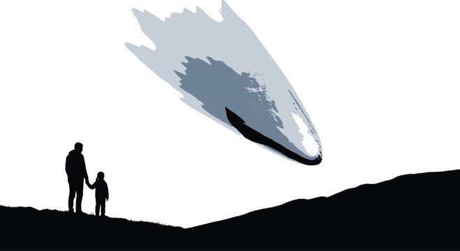 Silhouette of man and child watching comet meteor fall, apocalyptic landscape scene