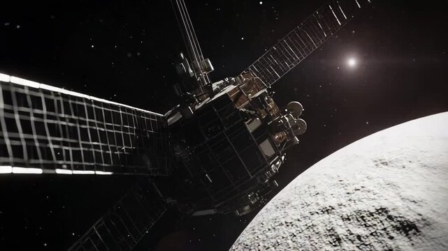 Scientific satellite with large solar panels flying in deep space, capturing data and communicating with earth while orbiting a celestial body under far stars