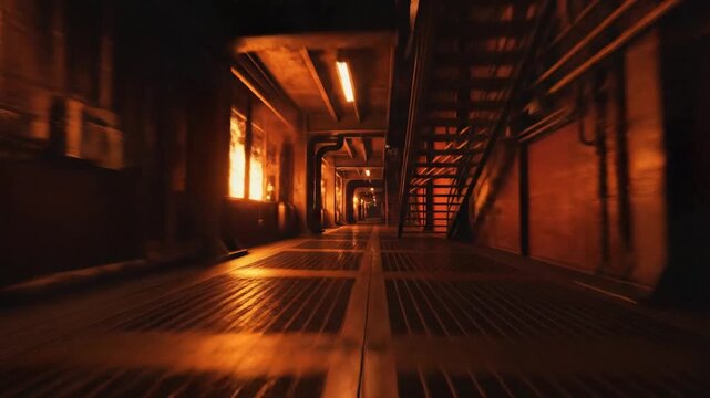 Industrial hallway with fire glowing in background, camera moving forward through a dark corridor