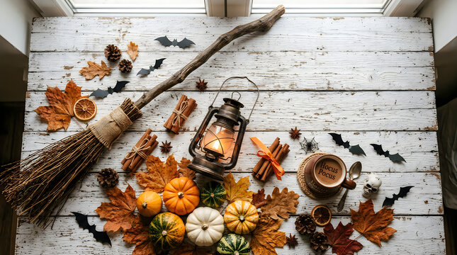 Halloween rustic flat lay with lit lantern, decorative broom, autumn leaves, mini pumpkin gourds, and spooky bats on a whitewashed wooden table