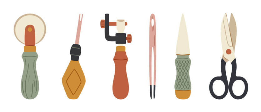 Leather Crafting Tools Set for Artisans and Hobbyists, Flat Vector Illustration of Manual Leatherworking Equipment including Stitching Awl, Cutter, Skiving Knife, and Professional Scissors.