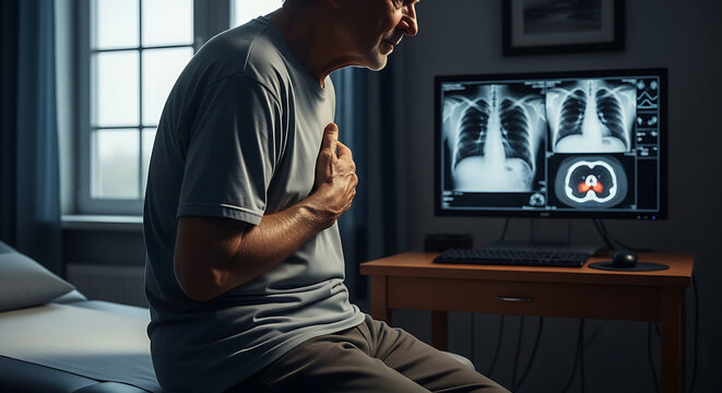 Senior Patient Experiencing Severe Chest Pain while Reviewing Lung XRays Illustrating Asbestos Cancer Symptoms Mesothelioma Diagnosis and Asbestos Related Diseases