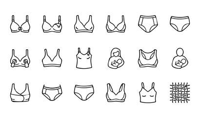 Fototapeta premium Nursing Bra and Maternity Lingerie Icon Set: Minimalist Outline Illustrations for Postpartum Support, Breastfeeding Essentials, Maternity Apparel, and Comfort Underwear Symbols