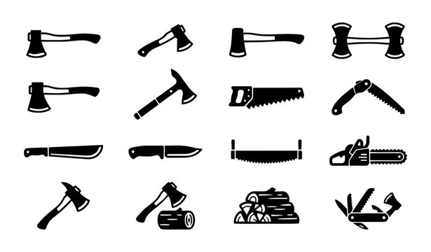 Axe and Cutting Tool Icons: Minimalist Solid Illustrations for Forestry, Woodworking, Survival Gear, and Outdoor Maintenance Symbols